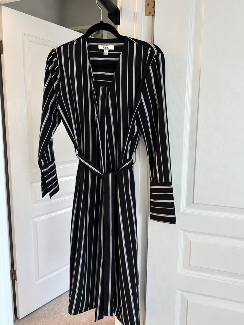 C by One Black & White Striped Belted Midi Duster XS Petite